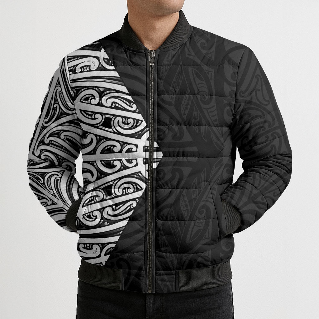 Black New Zealand Puhoro Maori Tattoo Bomber Puffer Jacket