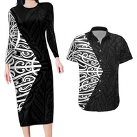 Black New Zealand Puhoro Maori Tattoo Couples Matching Long Sleeve Bodycon Dress and Hawaiian Shirt