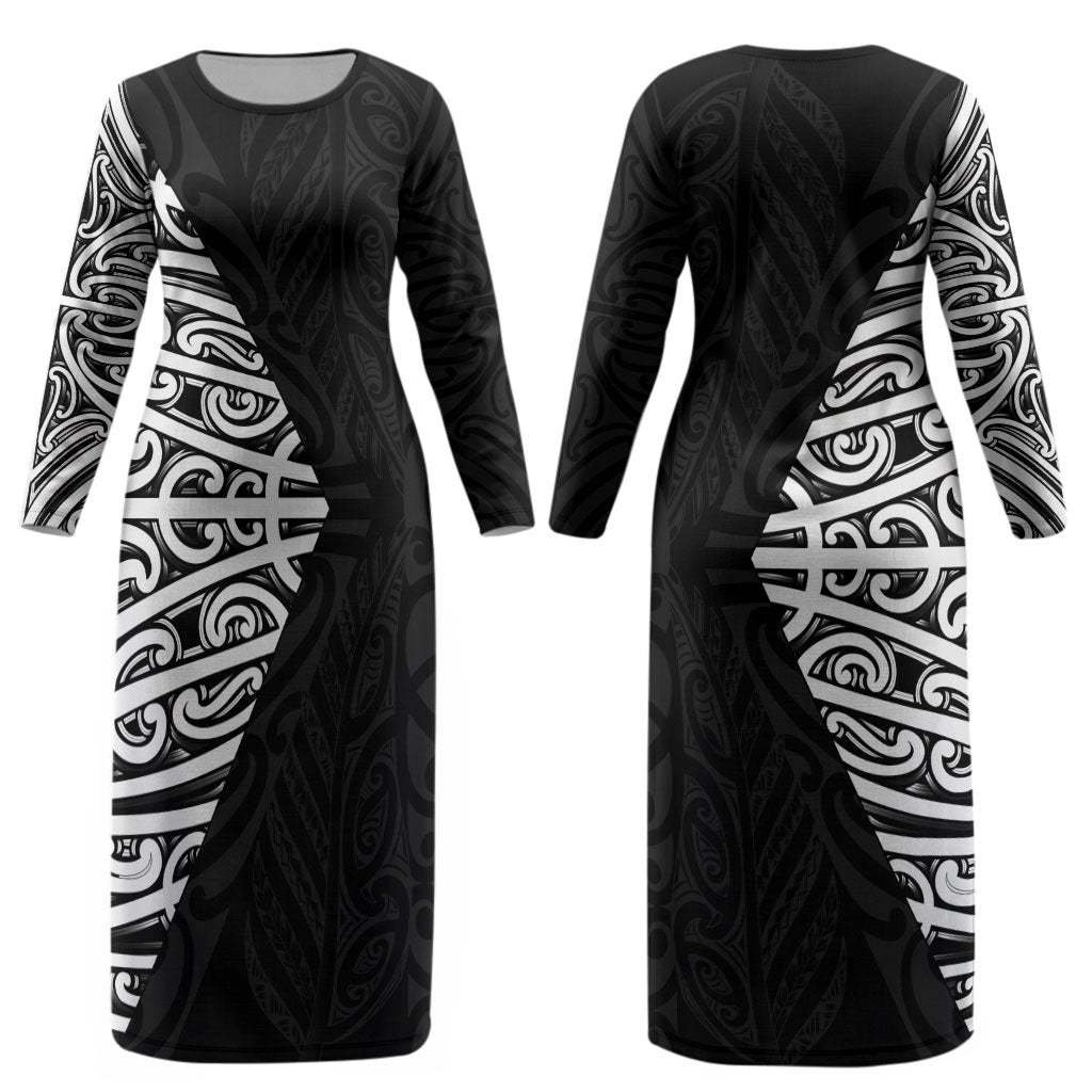 Black New Zealand Puhoro Maori Tattoo Couples Matching Long Sleeve Bodycon Dress and Long Sleeve Button Shirt LT14 - Polynesian Pride