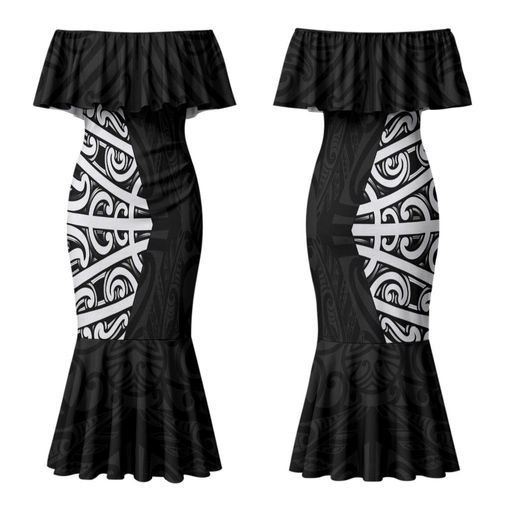 Black New Zealand Puhoro Maori Tattoo Couples Matching Mermaid Dress and Hawaiian Shirt LT14 - Polynesian Pride