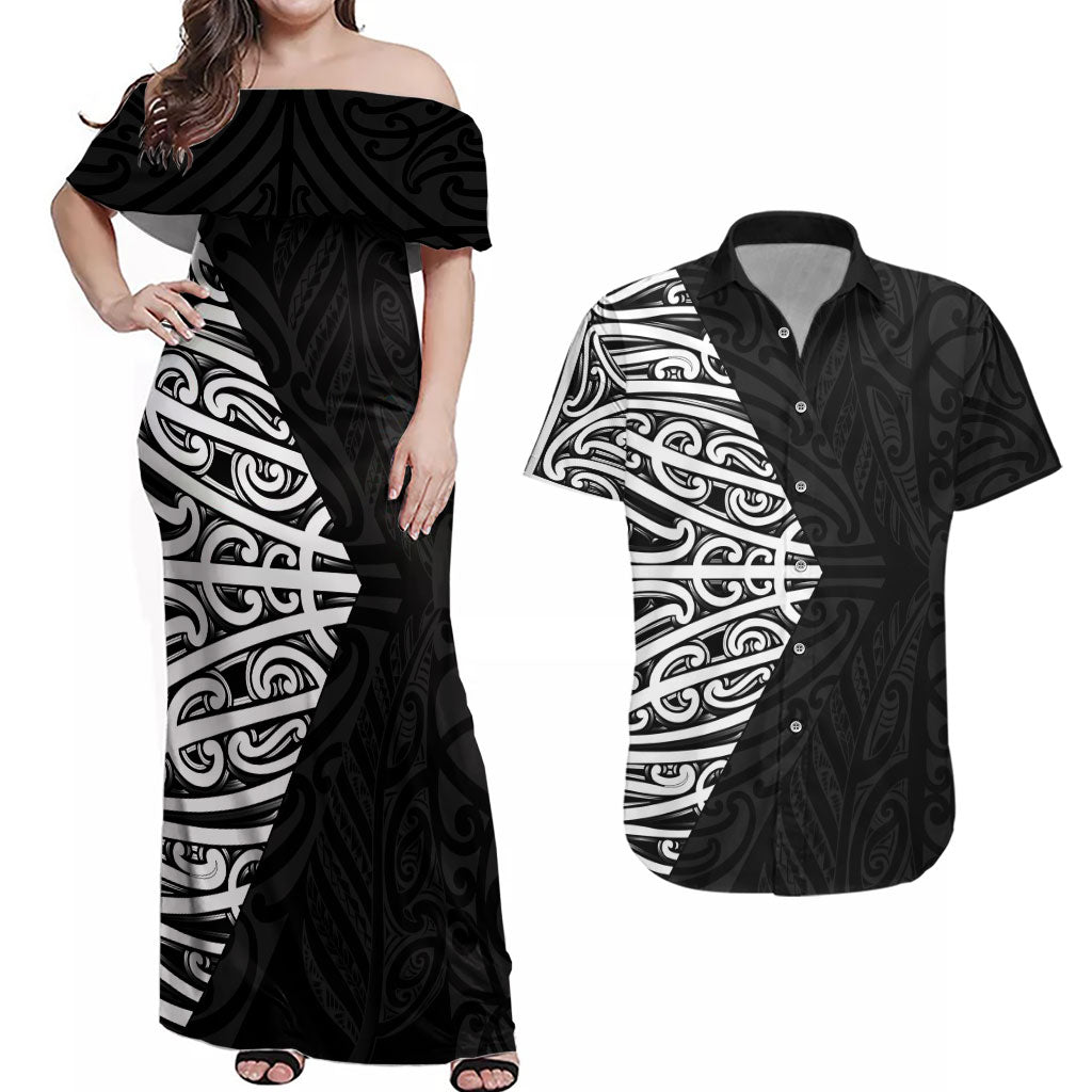 Black New Zealand Puhoro Maori Tattoo Couples Matching Off Shoulder Maxi Dress and Hawaiian Shirt