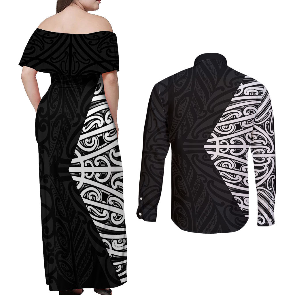 Black New Zealand Puhoro Maori Tattoo Couples Matching Off Shoulder Maxi Dress and Long Sleeve Button Shirt