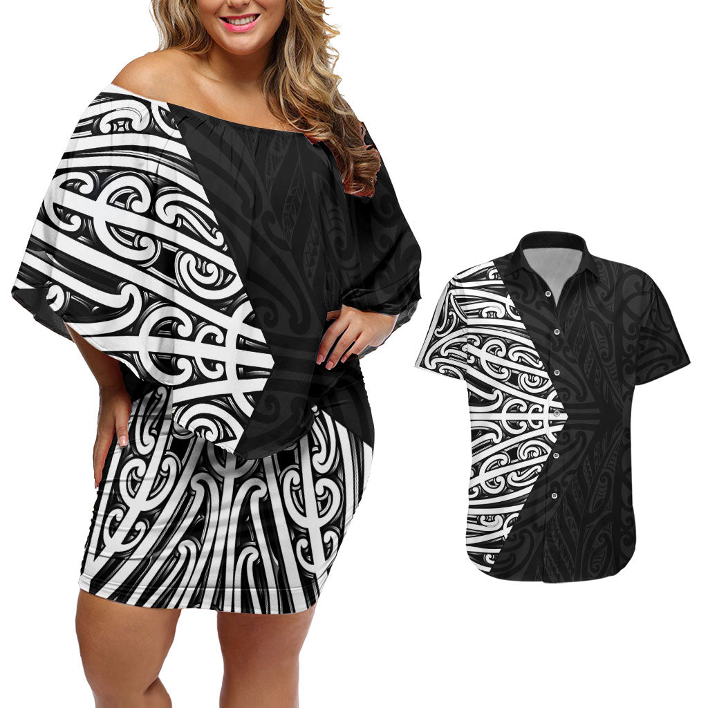 Black New Zealand Puhoro Maori Tattoo Couples Matching Off Shoulder Short Dress and Hawaiian Shirt