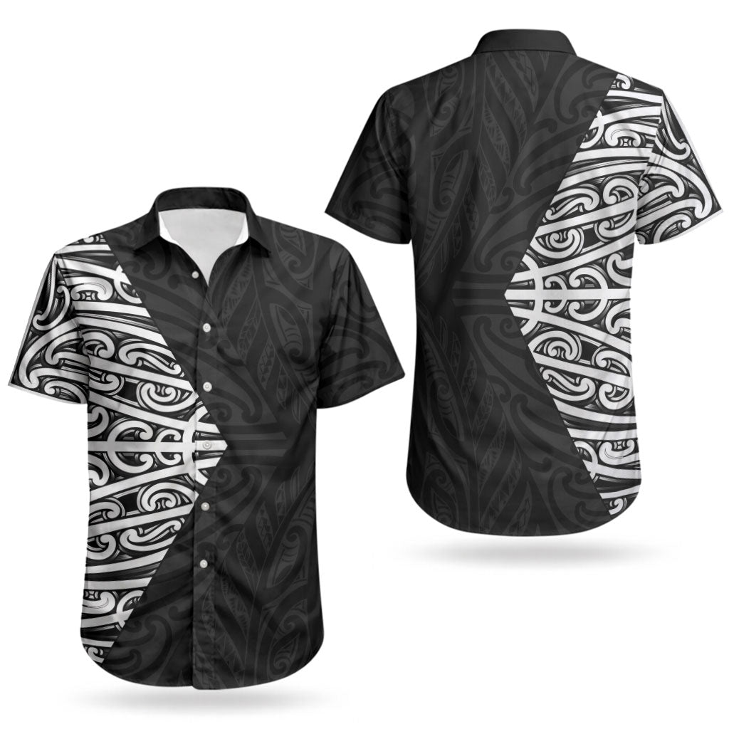 Black New Zealand Puhoro Maori Tattoo Couples Matching Off Shoulder Short Dress and Hawaiian Shirt LT14 - Polynesian Pride