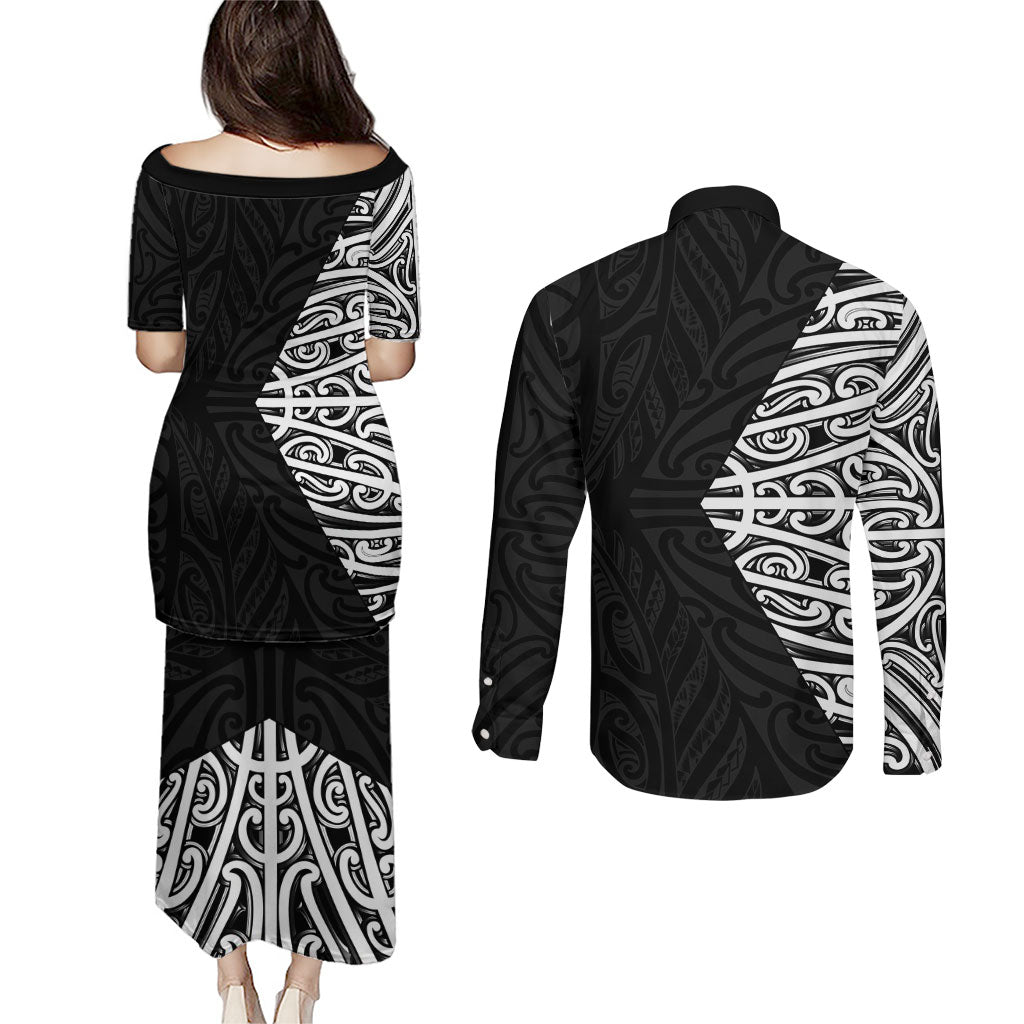 Black New Zealand Puhoro Maori Tattoo Couples Matching Puletasi and Long Sleeve Button Shirt