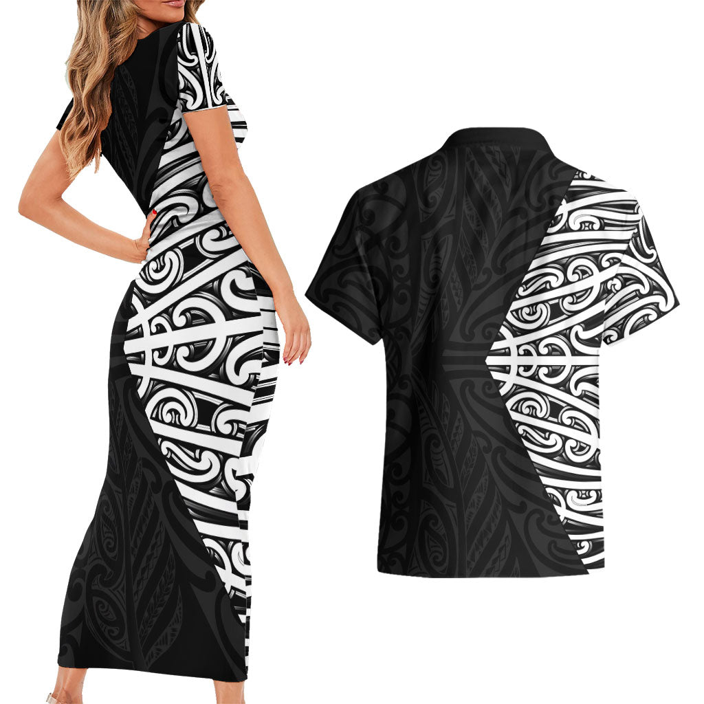 Black New Zealand Puhoro Maori Tattoo Couples Matching Short Sleeve Bodycon Dress and Hawaiian Shirt