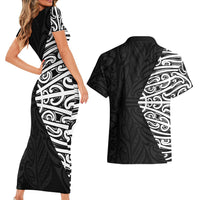 Black New Zealand Puhoro Maori Tattoo Couples Matching Short Sleeve Bodycon Dress and Hawaiian Shirt