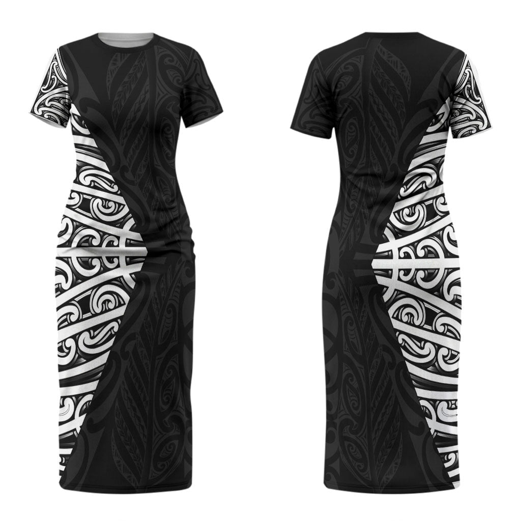 Black New Zealand Puhoro Maori Tattoo Couples Matching Short Sleeve Bodycon Dress and Long Sleeve Button Shirt LT14 - Polynesian Pride