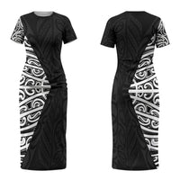 Black New Zealand Puhoro Maori Tattoo Couples Matching Short Sleeve Bodycon Dress and Long Sleeve Button Shirt LT14 - Polynesian Pride