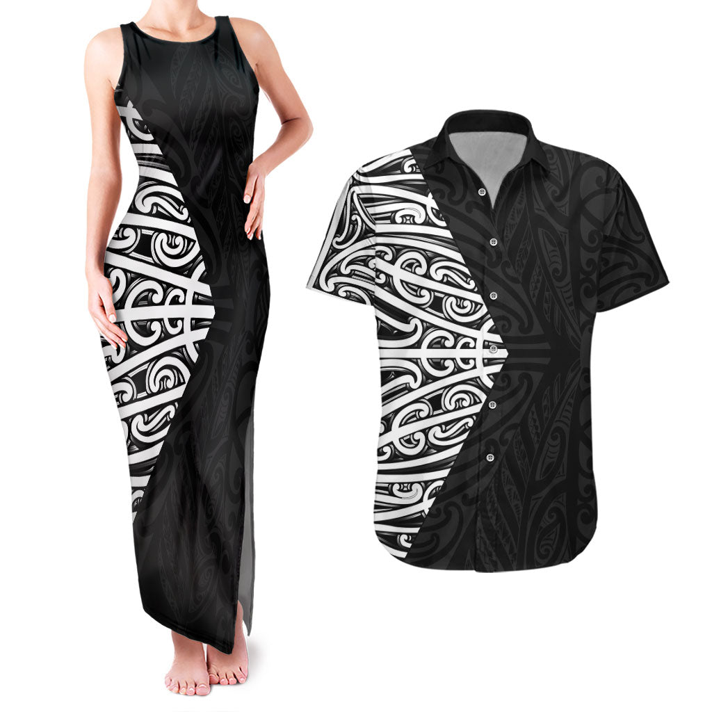 Black New Zealand Puhoro Maori Tattoo Couples Matching Tank Maxi Dress and Hawaiian Shirt