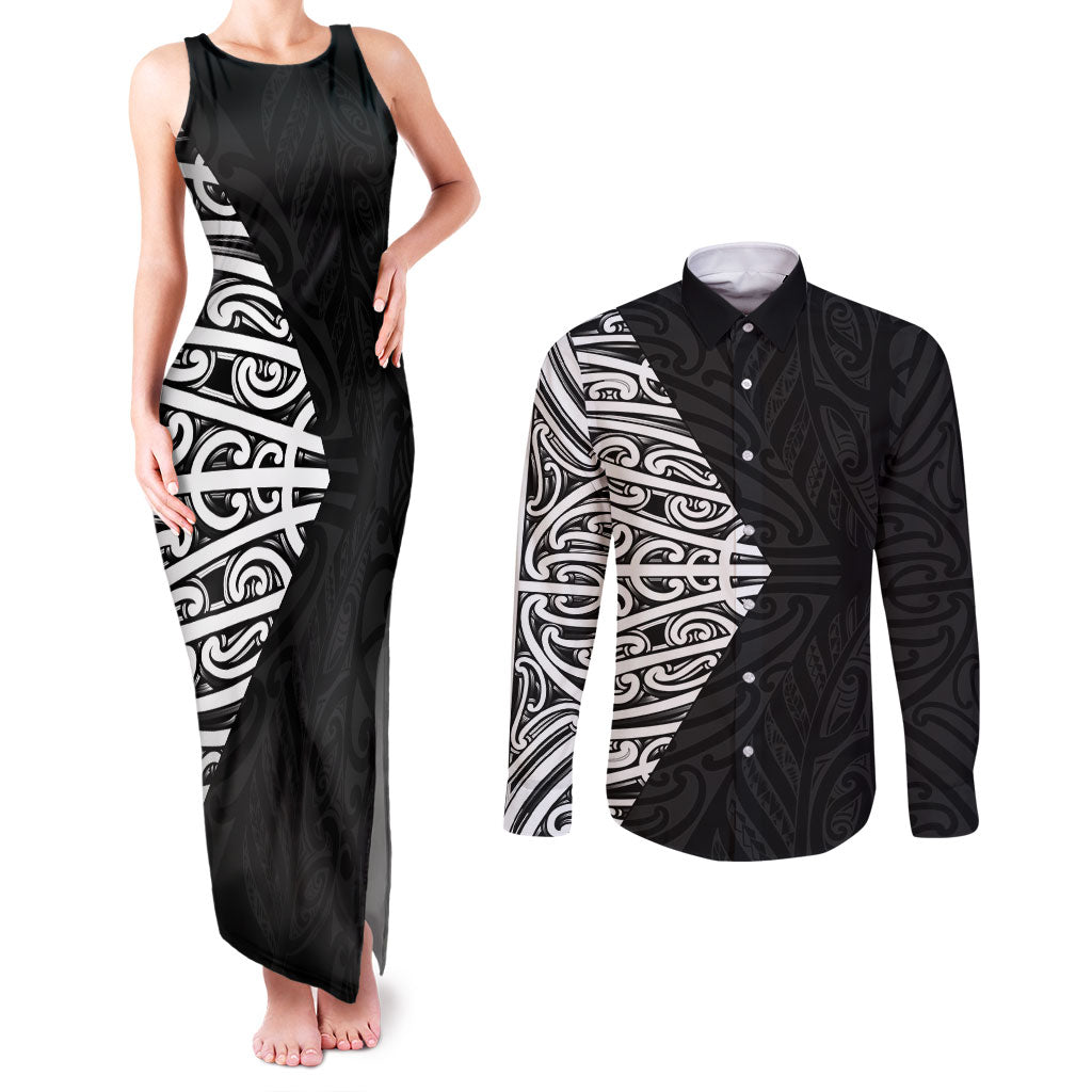 Black New Zealand Puhoro Maori Tattoo Couples Matching Tank Maxi Dress and Long Sleeve Button Shirt