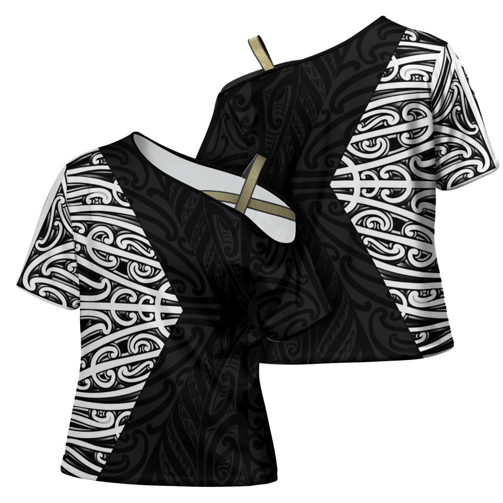 Black New Zealand Puhoro Maori Tattoo Cross Shoulder Shirt