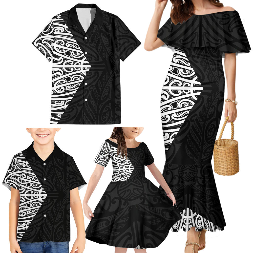Black New Zealand Puhoro Maori Tattoo Family Matching Mermaid Dress and Hawaiian Shirt LT14 - Polynesian Pride
