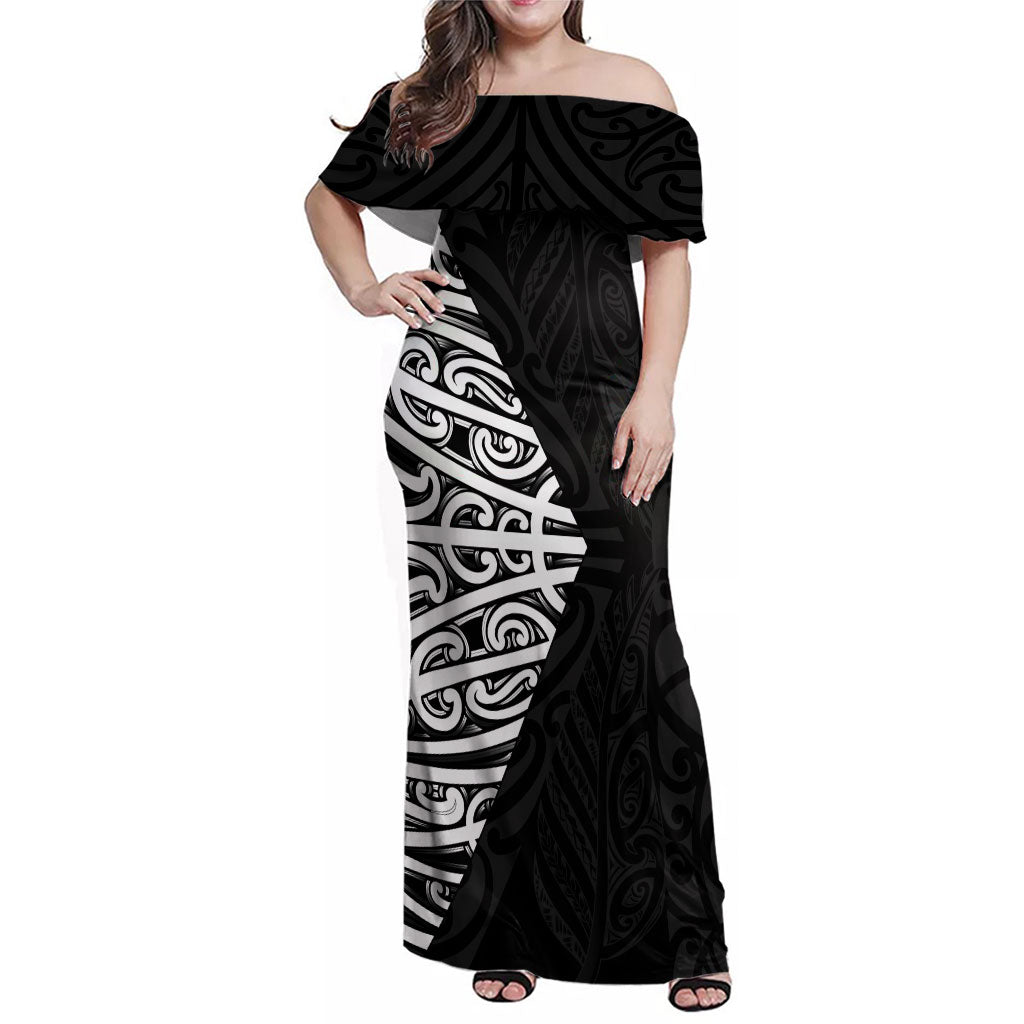 Black New Zealand Puhoro Maori Tattoo Family Matching Off Shoulder Maxi Dress and Hawaiian Shirt