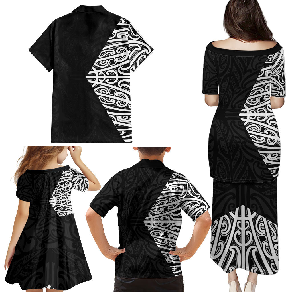Black New Zealand Puhoro Maori Tattoo Family Matching Puletasi and Hawaiian Shirt