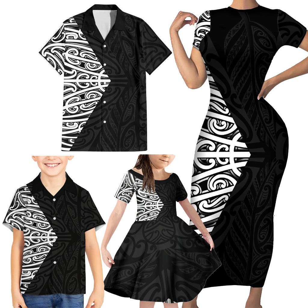 Black New Zealand Puhoro Maori Tattoo Family Matching Short Sleeve Bodycon Dress and Hawaiian Shirt