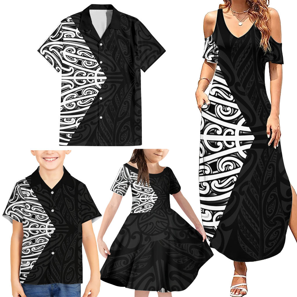 Black New Zealand Puhoro Maori Tattoo Family Matching Summer Maxi Dress and Hawaiian Shirt