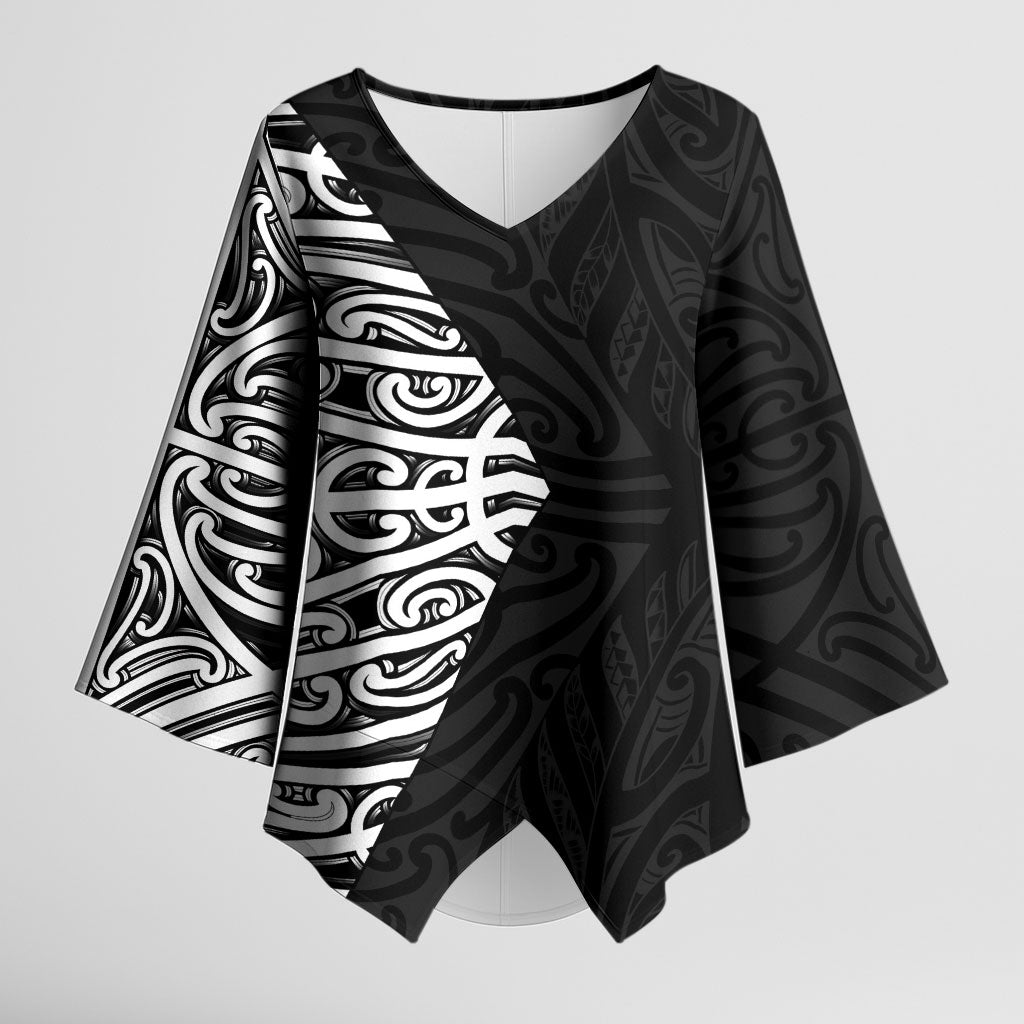 Black New Zealand Puhoro Maori Tattoo Kimono Sleeve Blouse