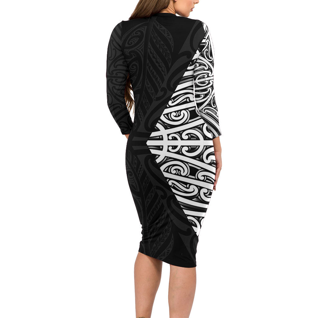 Black New Zealand Puhoro Maori Tattoo Long Sleeve Bodycon Dress