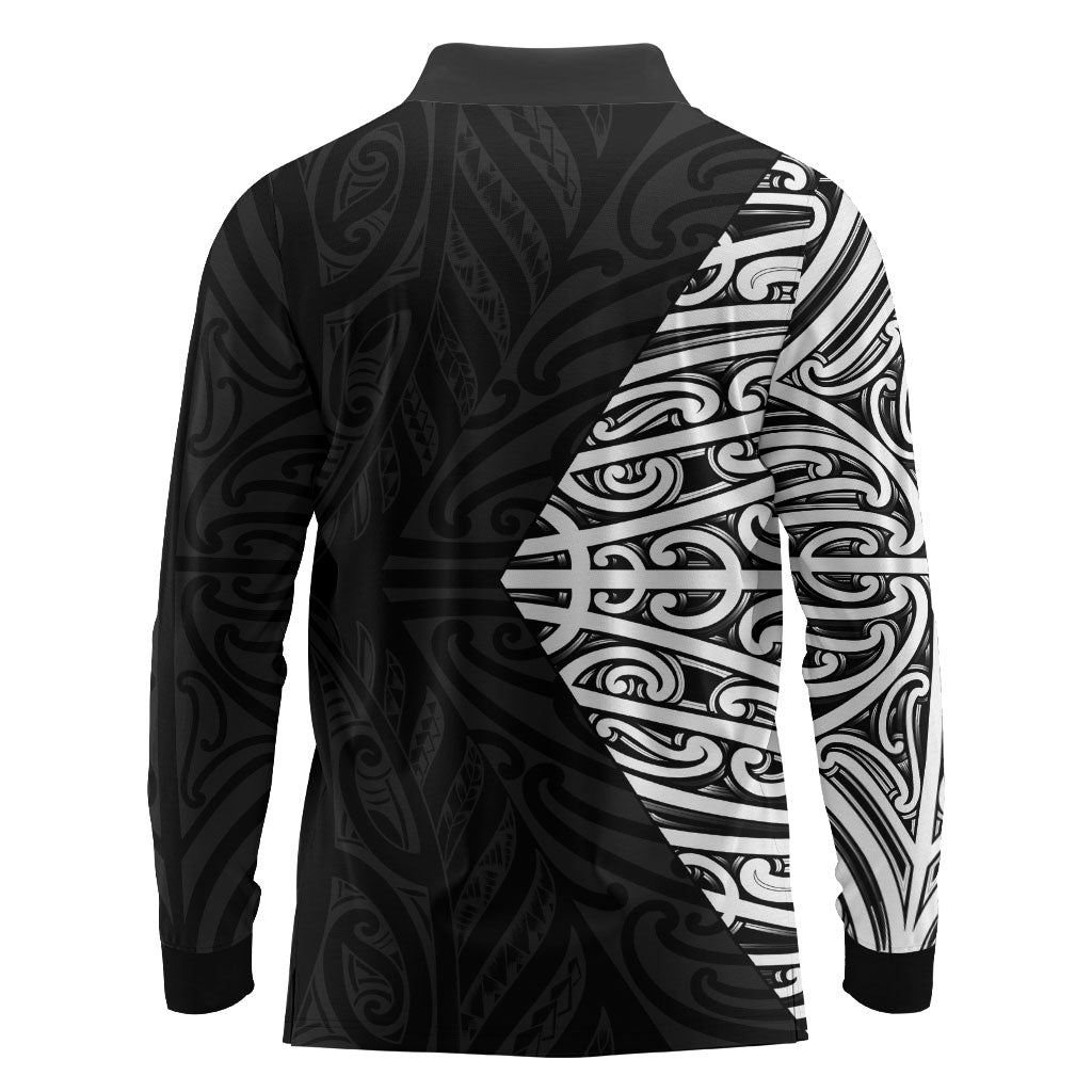 Black New Zealand Puhoro Maori Tattoo Long Sleeve Polo Shirt