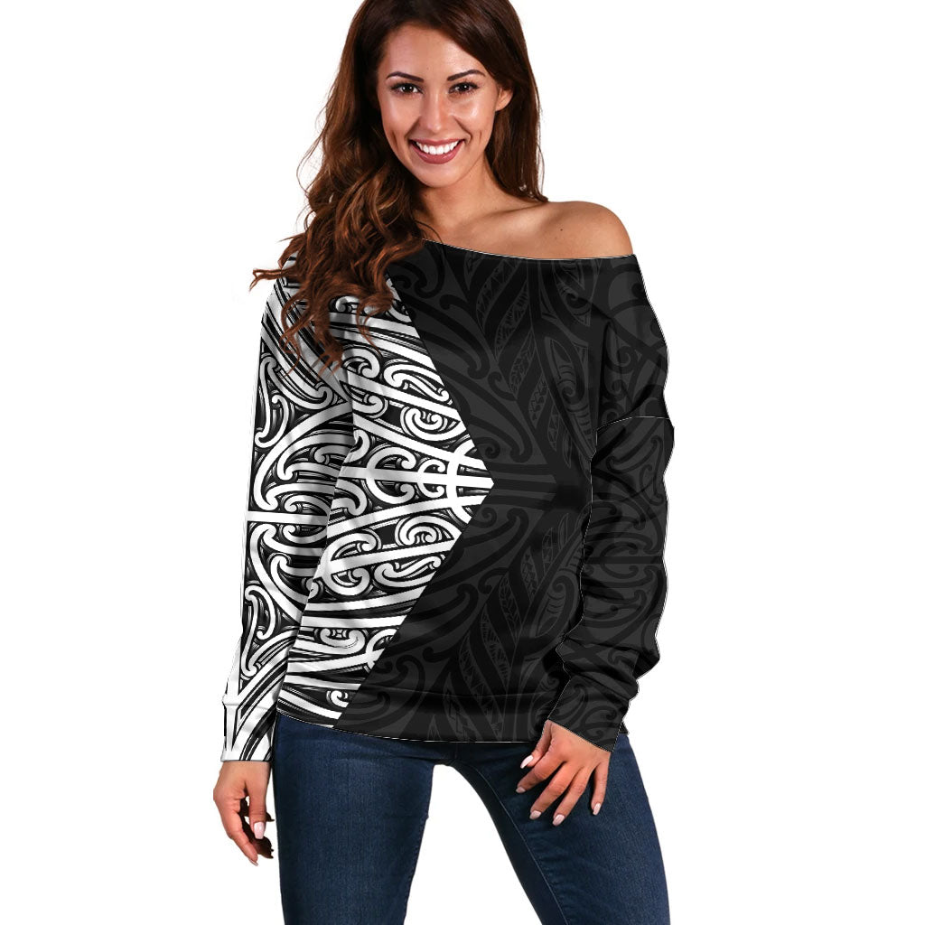Black New Zealand Puhoro Maori Tattoo Off Shoulder Sweater