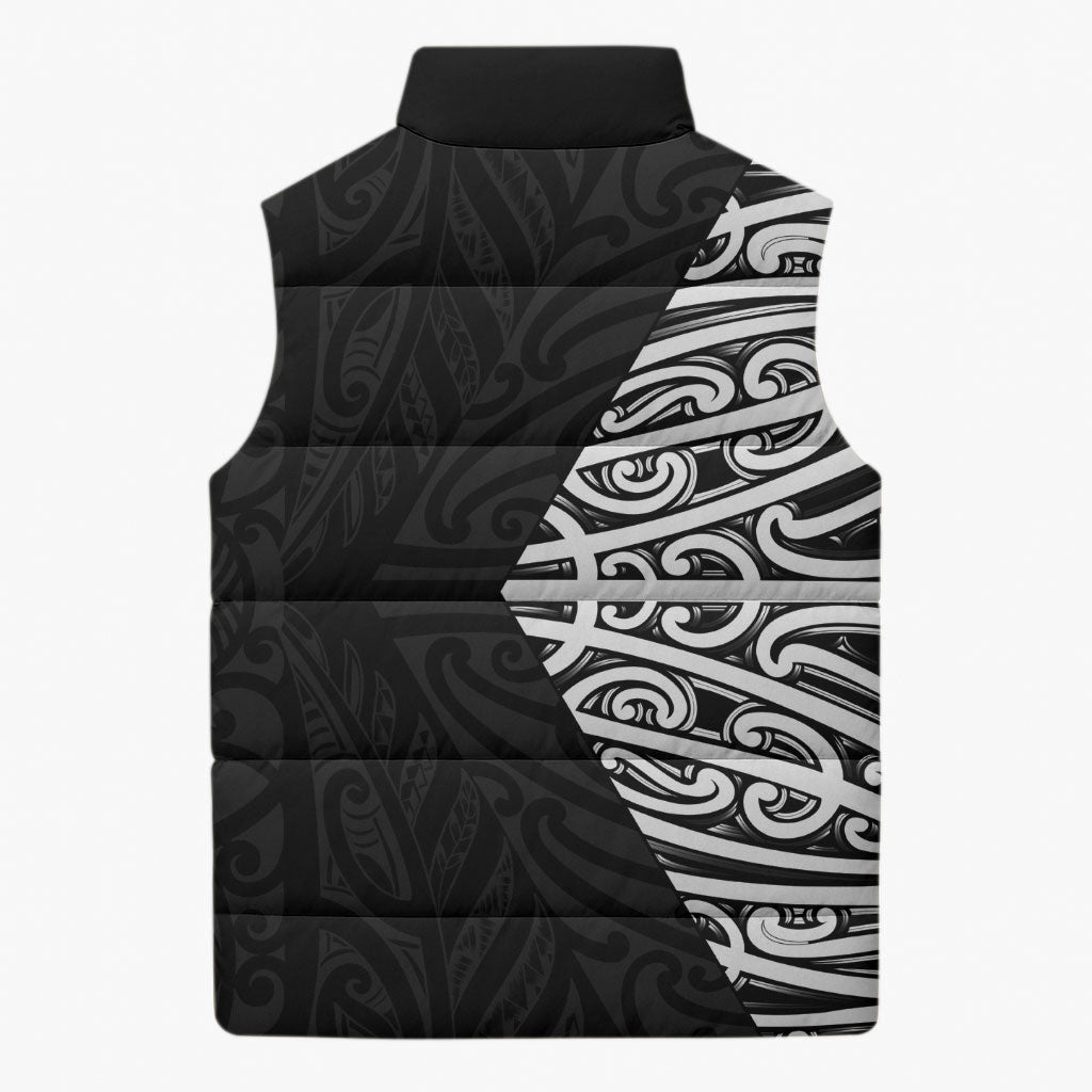 Black New Zealand Puhoro Maori Tattoo Sleeveless Puffer Jacket