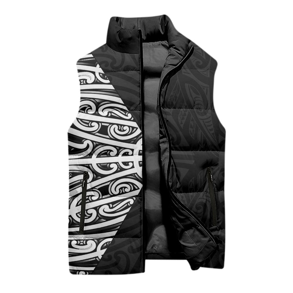 Black New Zealand Puhoro Maori Tattoo Sleeveless Puffer Jacket