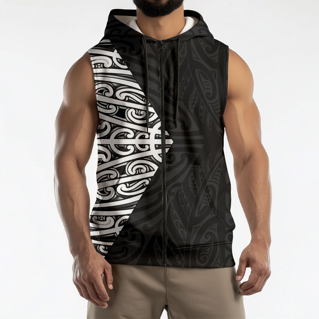 Black New Zealand Puhoro Maori Tattoo Sleeveless Zip Hoodie