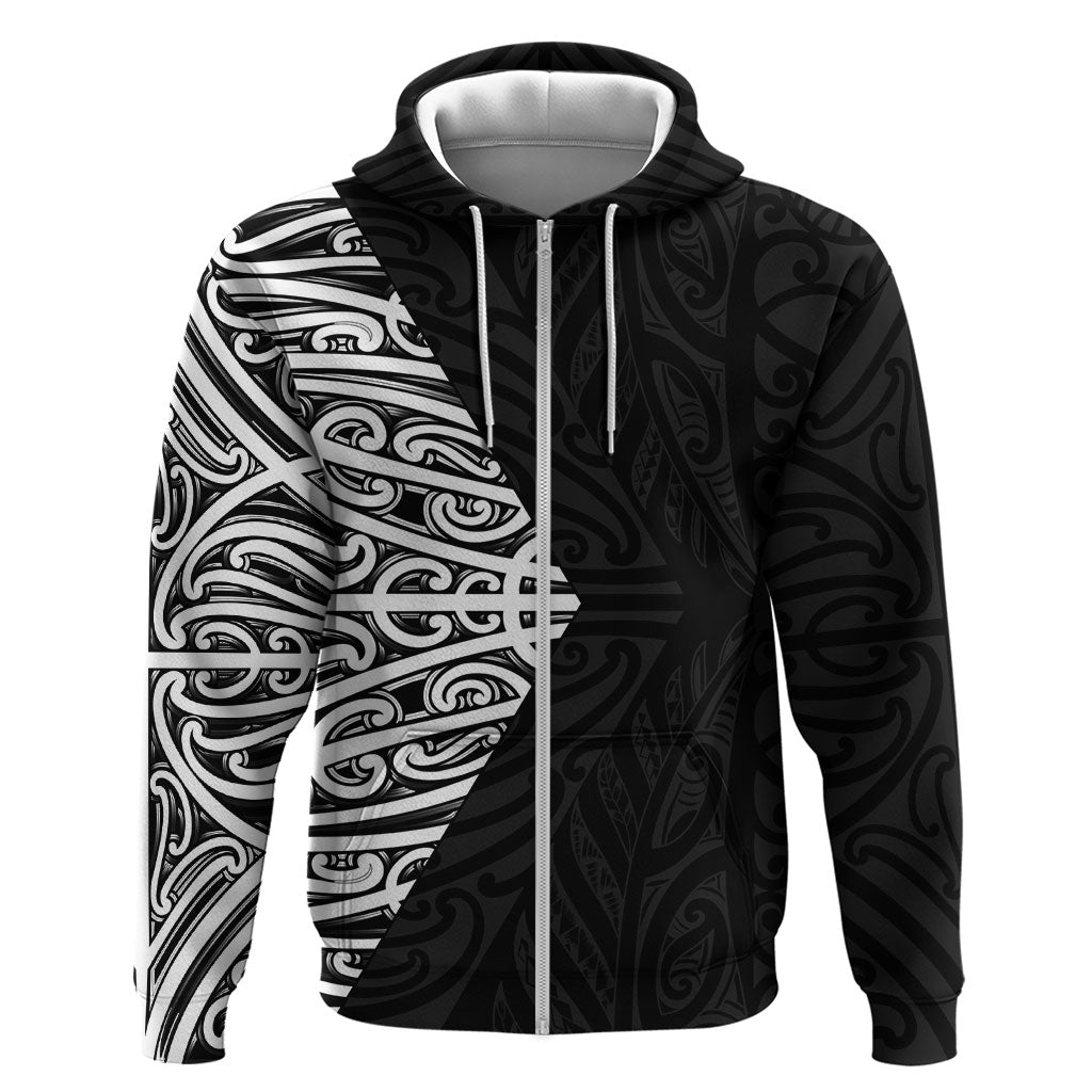 Black New Zealand Puhoro Maori Tattoo Zip Hoodie