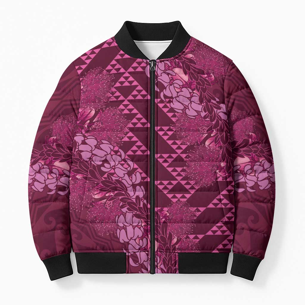 Pink Aloha Hawaii Bomber Puffer Jacket Hawaiian Kakau Ohia Lehua Lei LT14 Pink - Polynesian Pride