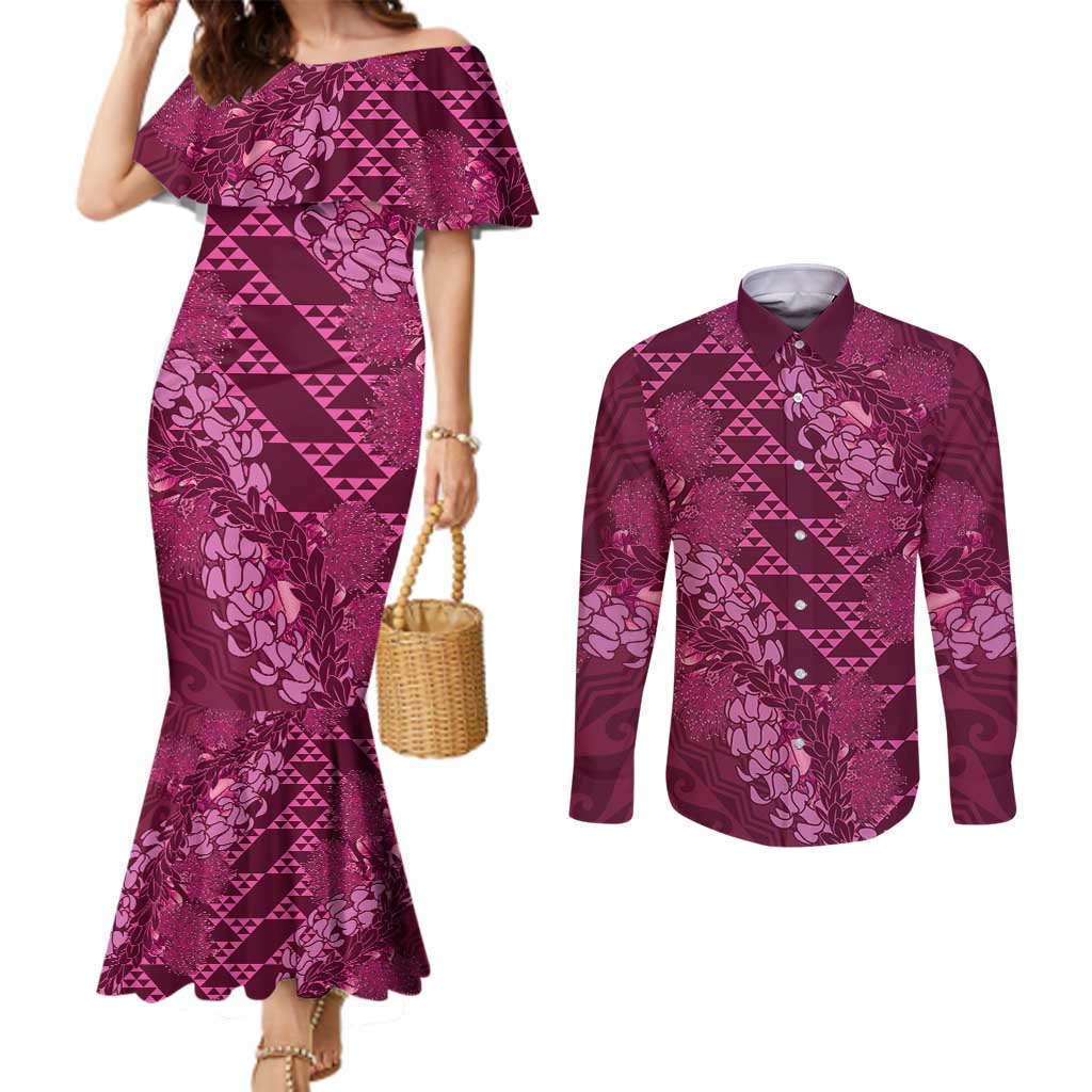 Pink Aloha Hawaii Couples Matching Mermaid Dress and Long Sleeve Button Shirt Hawaiian Kakau Ohia Lehua Lei - Polynesian Pride