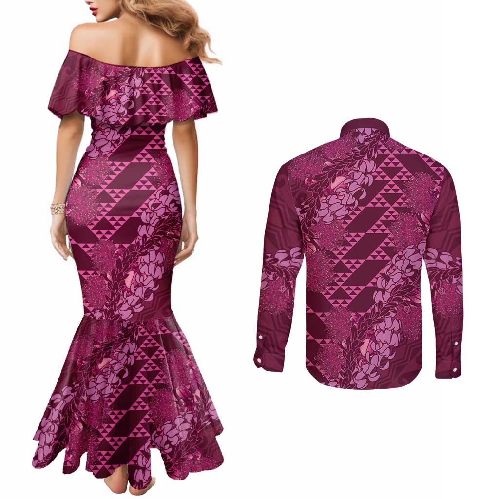 Pink Aloha Hawaii Couples Matching Mermaid Dress and Long Sleeve Button Shirt Hawaiian Kakau Ohia Lehua Lei - Polynesian Pride