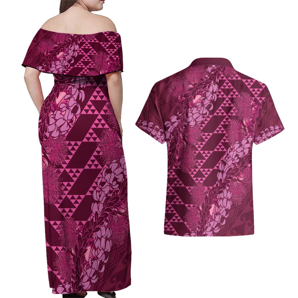 Pink Aloha Hawaii Couples Matching Off Shoulder Maxi Dress and Hawaiian Shirt Hawaiian Kakau Ohia Lehua Lei - Polynesian Pride