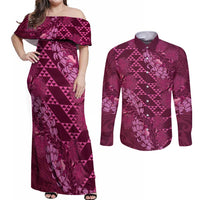 Pink Aloha Hawaii Couples Matching Off Shoulder Maxi Dress and Long Sleeve Button Shirt Hawaiian Kakau Ohia Lehua Lei - Polynesian Pride