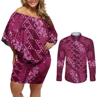 Pink Aloha Hawaii Couples Matching Off Shoulder Short Dress and Long Sleeve Button Shirt Hawaiian Kakau Ohia Lehua Lei - Polynesian Pride