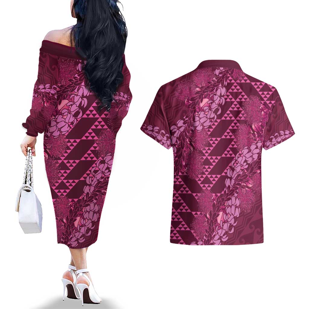 Pink Aloha Hawaii Couples Matching Off The Shoulder Long Sleeve Dress and Hawaiian Shirt Hawaiian Kakau Ohia Lehua Lei - Polynesian Pride
