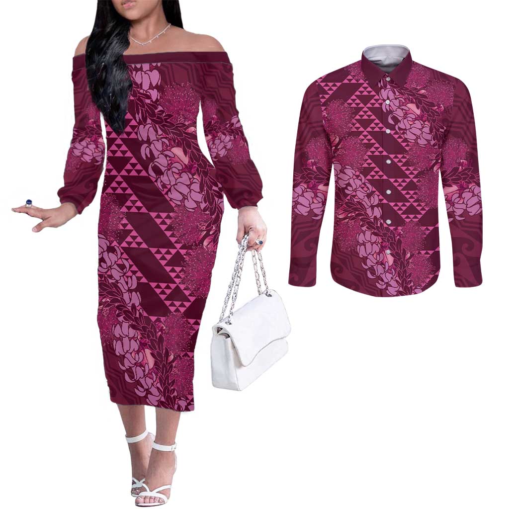 Pink Aloha Hawaii Couples Matching Off The Shoulder Long Sleeve Dress and Long Sleeve Button Shirt Hawaiian Kakau Ohia Lehua Lei LT14 Pink - Polynesian Pride