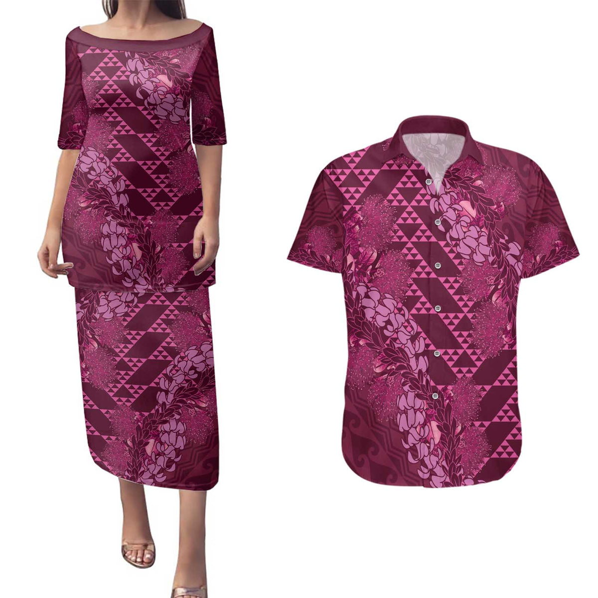 Pink Aloha Hawaii Couples Matching Puletasi and Hawaiian Shirt Hawaiian Kakau Ohia Lehua Lei - Polynesian Pride