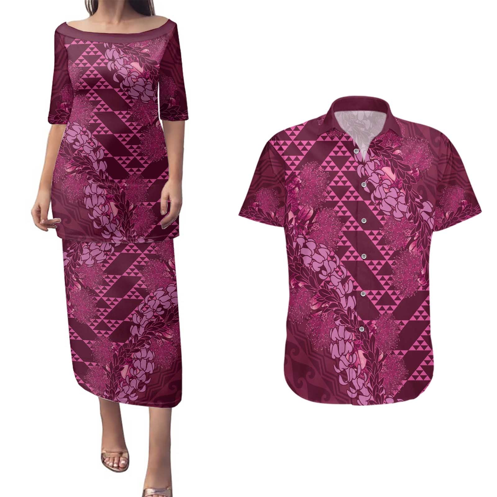 Pink Aloha Hawaii Couples Matching Puletasi and Hawaiian Shirt Hawaiian Kakau Ohia Lehua Lei LT14 Pink - Polynesian Pride