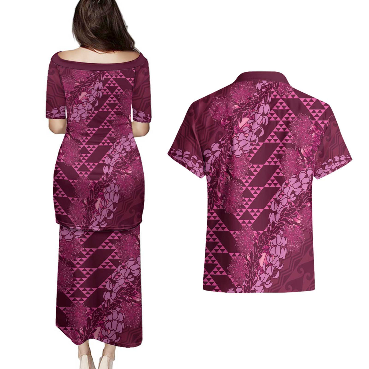 Pink Aloha Hawaii Couples Matching Puletasi and Hawaiian Shirt Hawaiian Kakau Ohia Lehua Lei - Polynesian Pride