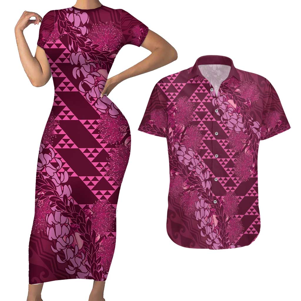 Pink Aloha Hawaii Couples Matching Short Sleeve Bodycon Dress and Hawaiian Shirt Hawaiian Kakau Ohia Lehua Lei LT14 Pink - Polynesian Pride