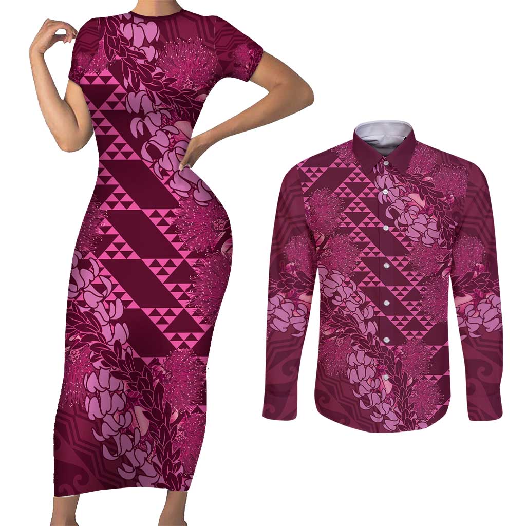 Pink Aloha Hawaii Couples Matching Short Sleeve Bodycon Dress and Long Sleeve Button Shirt Hawaiian Kakau Ohia Lehua Lei LT14 Pink - Polynesian Pride