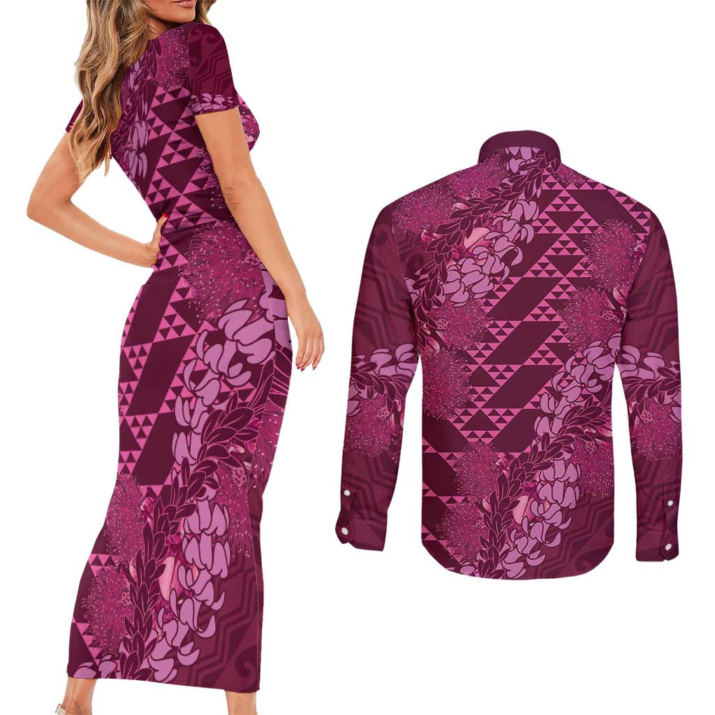 Pink Aloha Hawaii Couples Matching Short Sleeve Bodycon Dress and Long Sleeve Button Shirt Hawaiian Kakau Ohia Lehua Lei - Polynesian Pride
