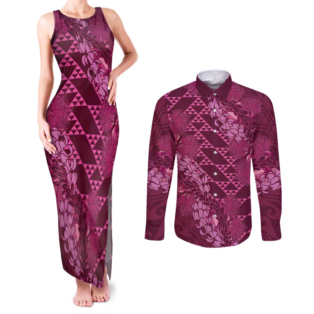 Pink Aloha Hawaii Couples Matching Tank Maxi Dress and Long Sleeve Button Shirt Hawaiian Kakau Ohia Lehua Lei - Polynesian Pride
