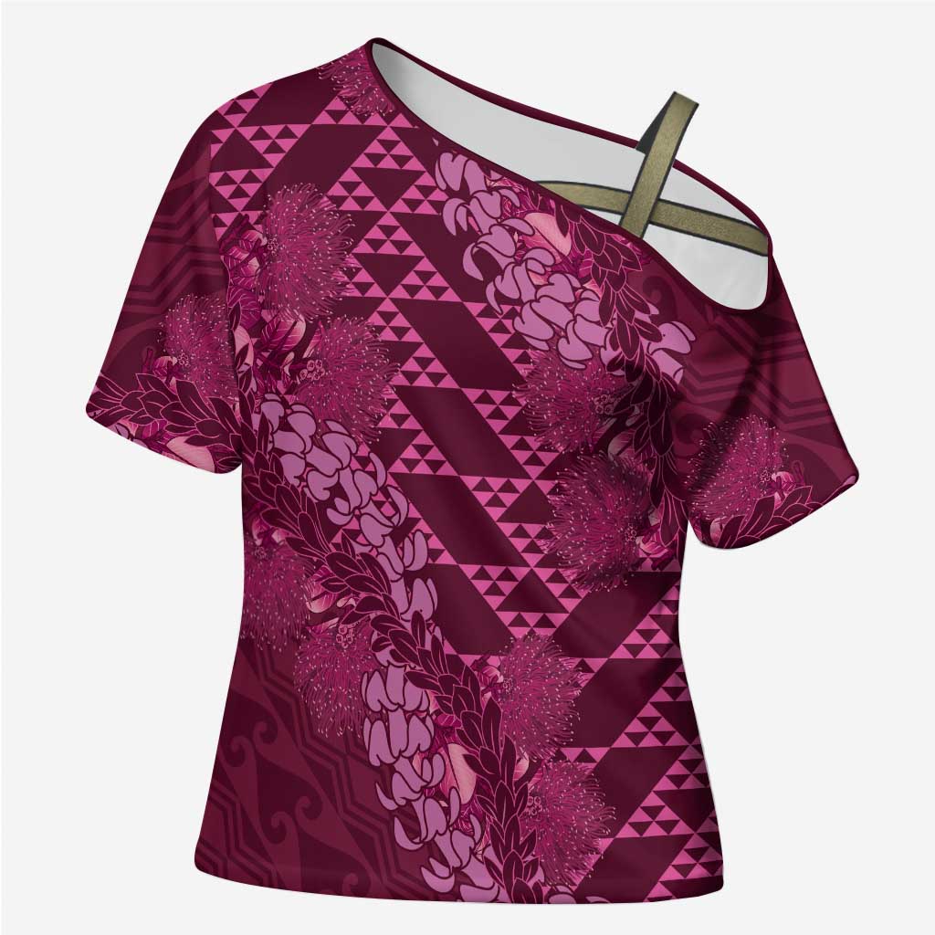 Pink Aloha Hawaii Cross Shoulder Shirt Hawaiian Kakau Ohia Lehua Lei LT14 Female Pink - Polynesian Pride