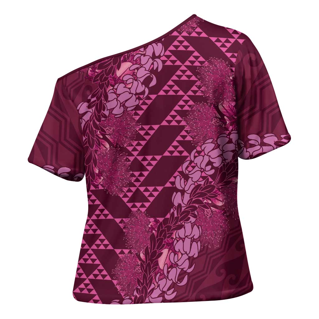 Pink Aloha Hawaii Cross Shoulder Shirt Hawaiian Kakau Ohia Lehua Lei LT14 - Polynesian Pride