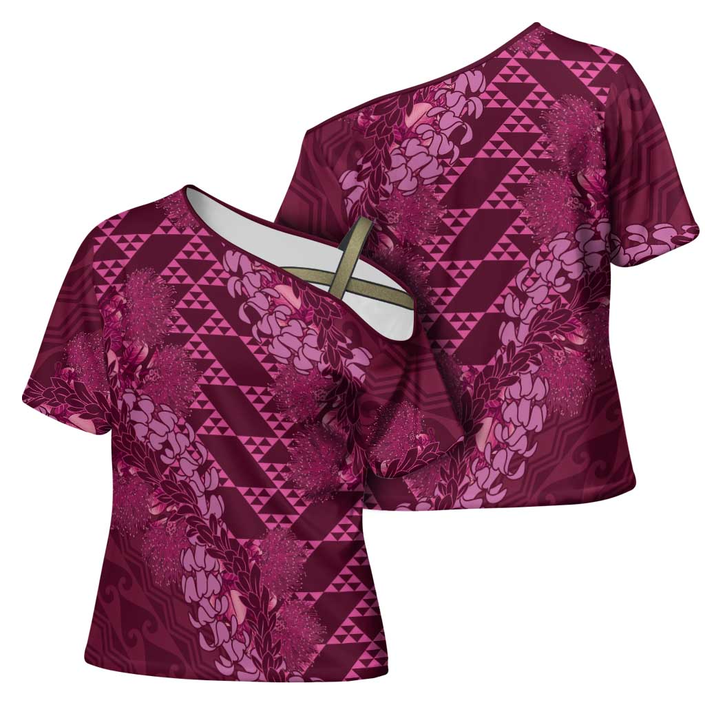 Pink Aloha Hawaii Cross Shoulder Shirt Hawaiian Kakau Ohia Lehua Lei LT14 - Polynesian Pride
