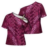 Pink Aloha Hawaii Cross Shoulder Shirt Hawaiian Kakau Ohia Lehua Lei LT14 - Polynesian Pride