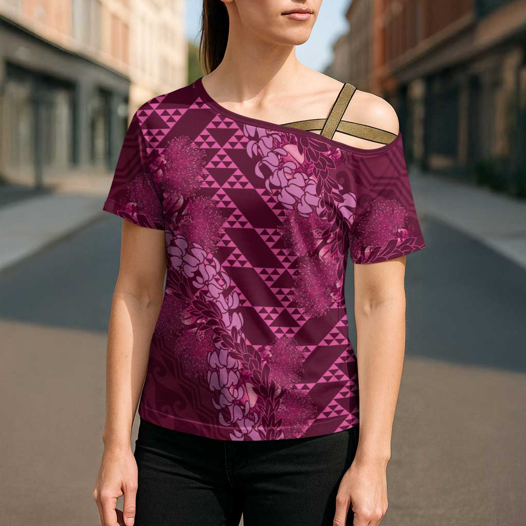 Pink Aloha Hawaii Cross Shoulder Shirt Hawaiian Kakau Ohia Lehua Lei LT14 - Polynesian Pride