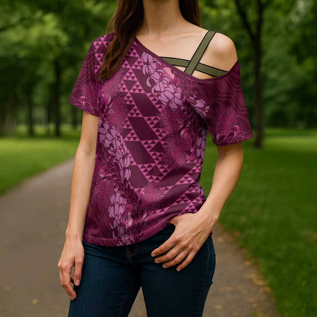 Pink Aloha Hawaii Cross Shoulder Shirt Hawaiian Kakau Ohia Lehua Lei LT14 - Polynesian Pride